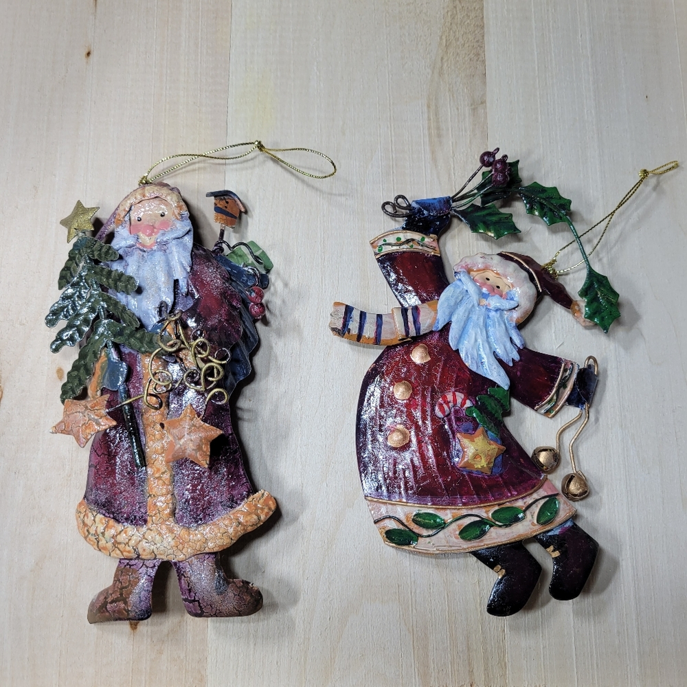 Set of 2 Santa Claus Metal Christmas Ornaments, Jumping Santa and Standing Santa